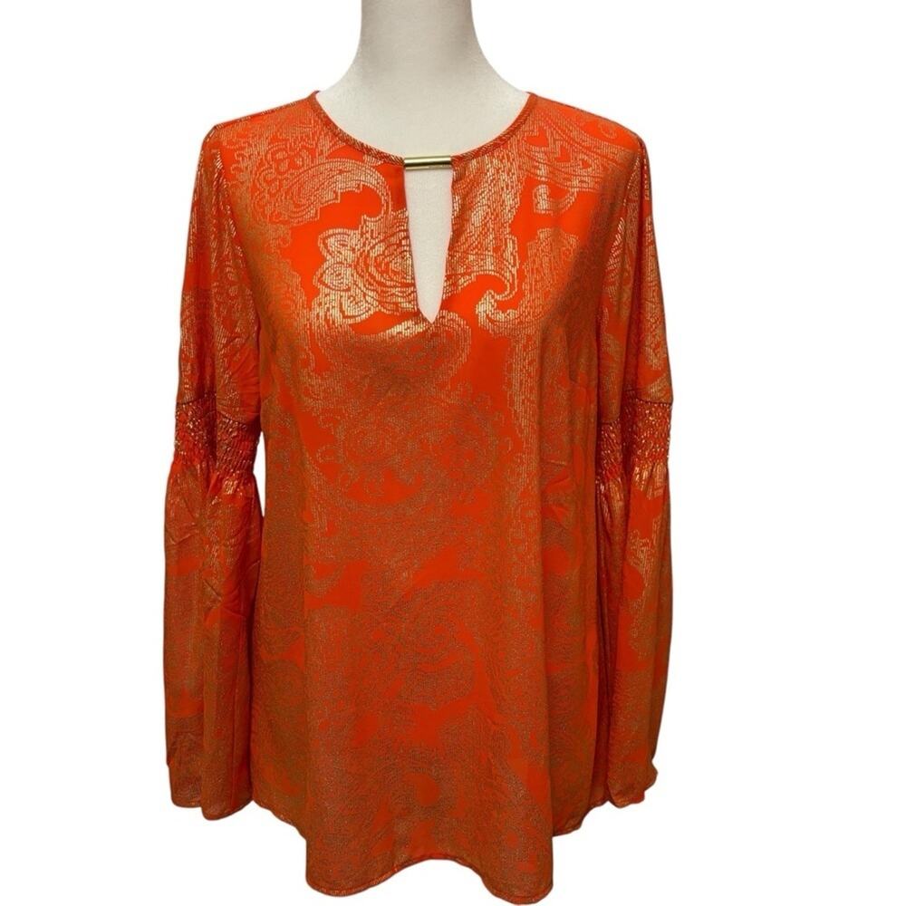 Michael Kors Women’s Top Orange Gold Foil Bell Sleeves Modern Size Small
